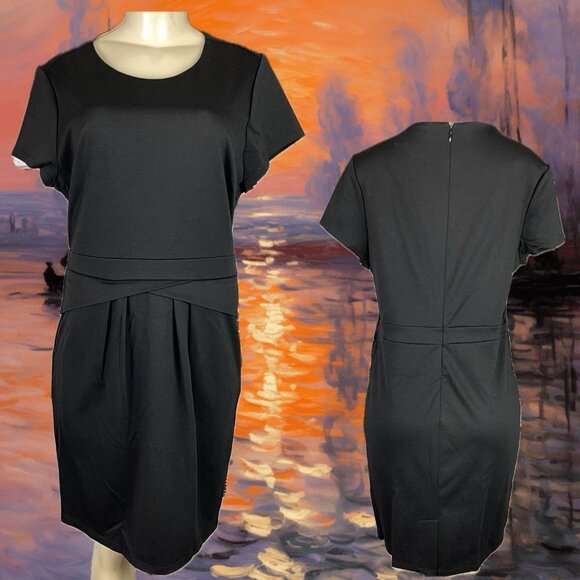 Hal Rubenstein L Black Lined Crew Neck Accent Waist Zip Back Short Sleeve Dress - Picture 1 of 5